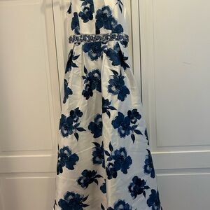 Xtraordinary White Dress with Navy Blue Floral Print and Jeweled Waistband